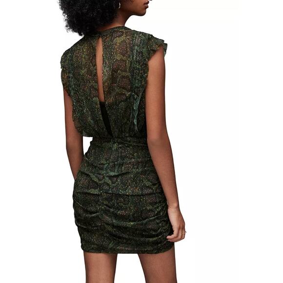 Allsaints Hali Tamora Snake Print Mini Dress Khaki Green Sz 6 NWT Ruffles Lined - Picture 10 of 16